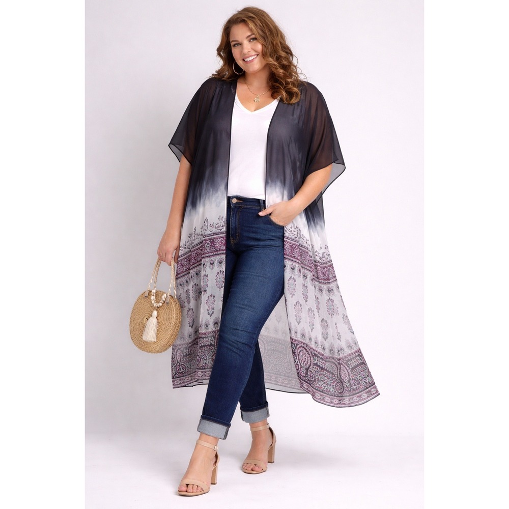 Lane Bryant NWT Sheer Dip Dye Floral Paisley Kimono Wrap‎ Cover Up One Size Plus